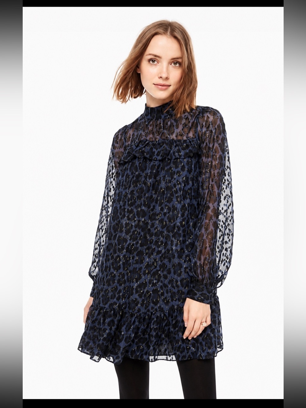 Kate Spade New York Leopard Print Ruffle Mini Dress – Navy/Black